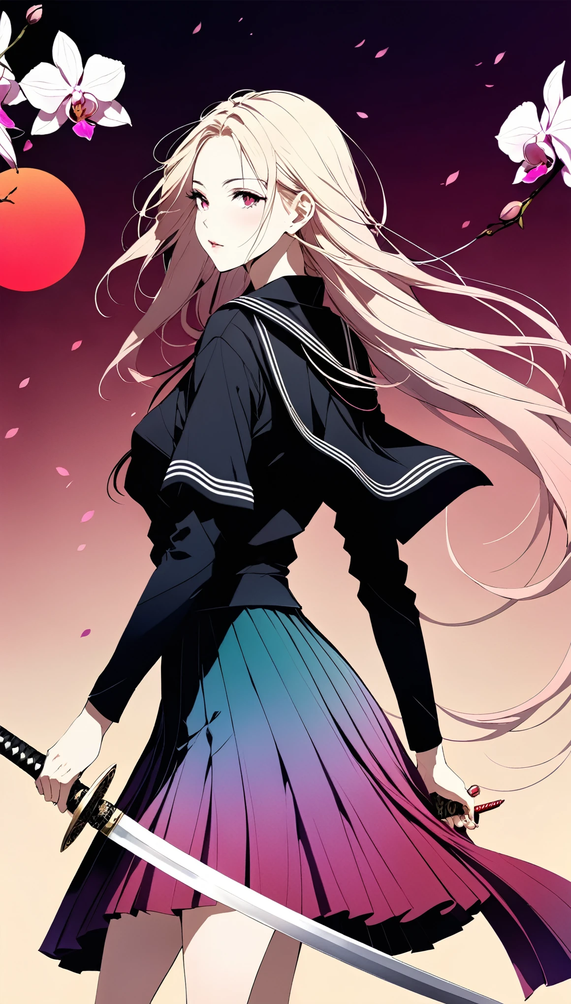 in style of Benedick Bana,, 1 Girl, Black sailor suit pleated skirt, (Blurred foreground), orchid, White long hair blowing in the wind, (((Background blur))), Red sphere background, Standing, Japanese sword, Holding a Japanese sword, （Eyes covered by orchids）,colorful, (Diffuse gradient color:1.5), Hands on the hilt and scabbard, illustration