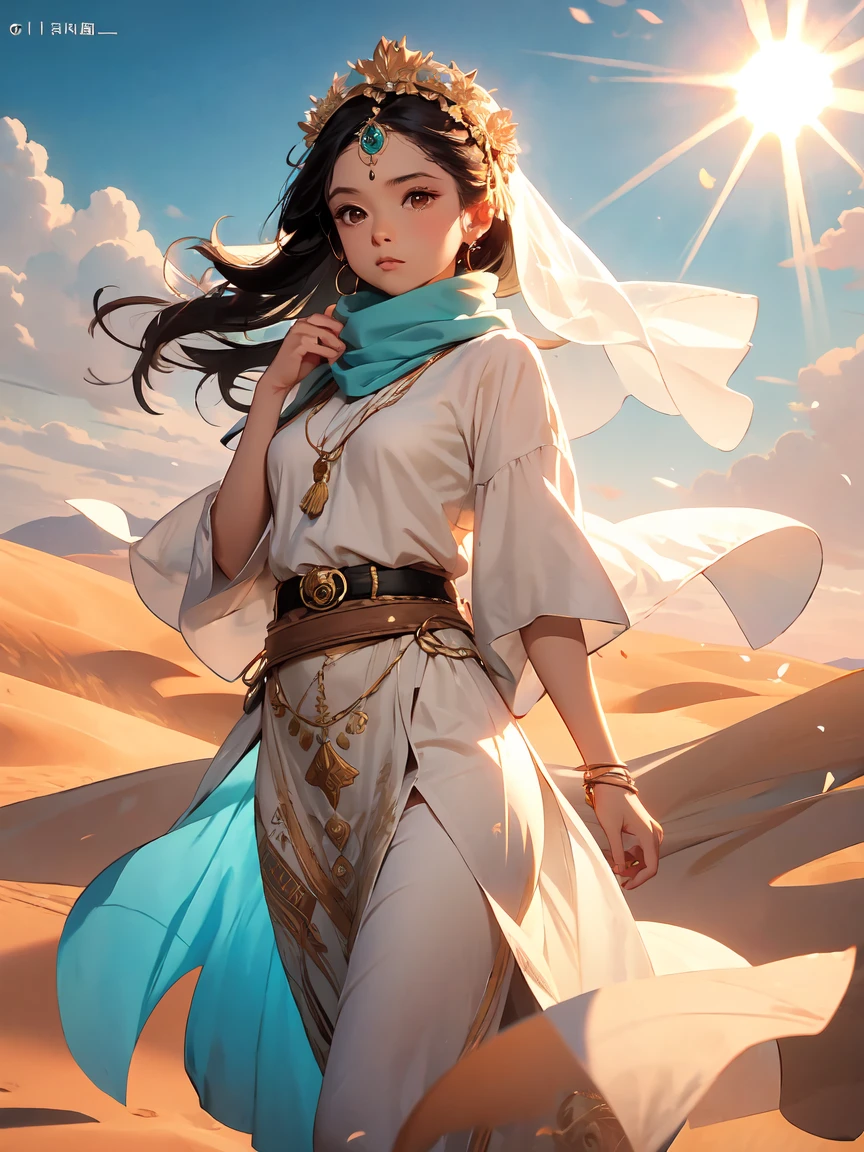 One Girl, Money色のアクセサリー, Veil, gem, Kaftans, Turbaned, Circlet, 額のjewelry, Elegant robes, sand color, oasis, Long Hair, Wavy Hair, Light of the sun, Camel, Sand Dunes, Wind, mysterious, Desert flower, Coin Belt, fabric, embroidery, metallic, scarf, Turquoise, jewelry, Money, Queen, city, ((Cowboy Shot)), (Pillar)