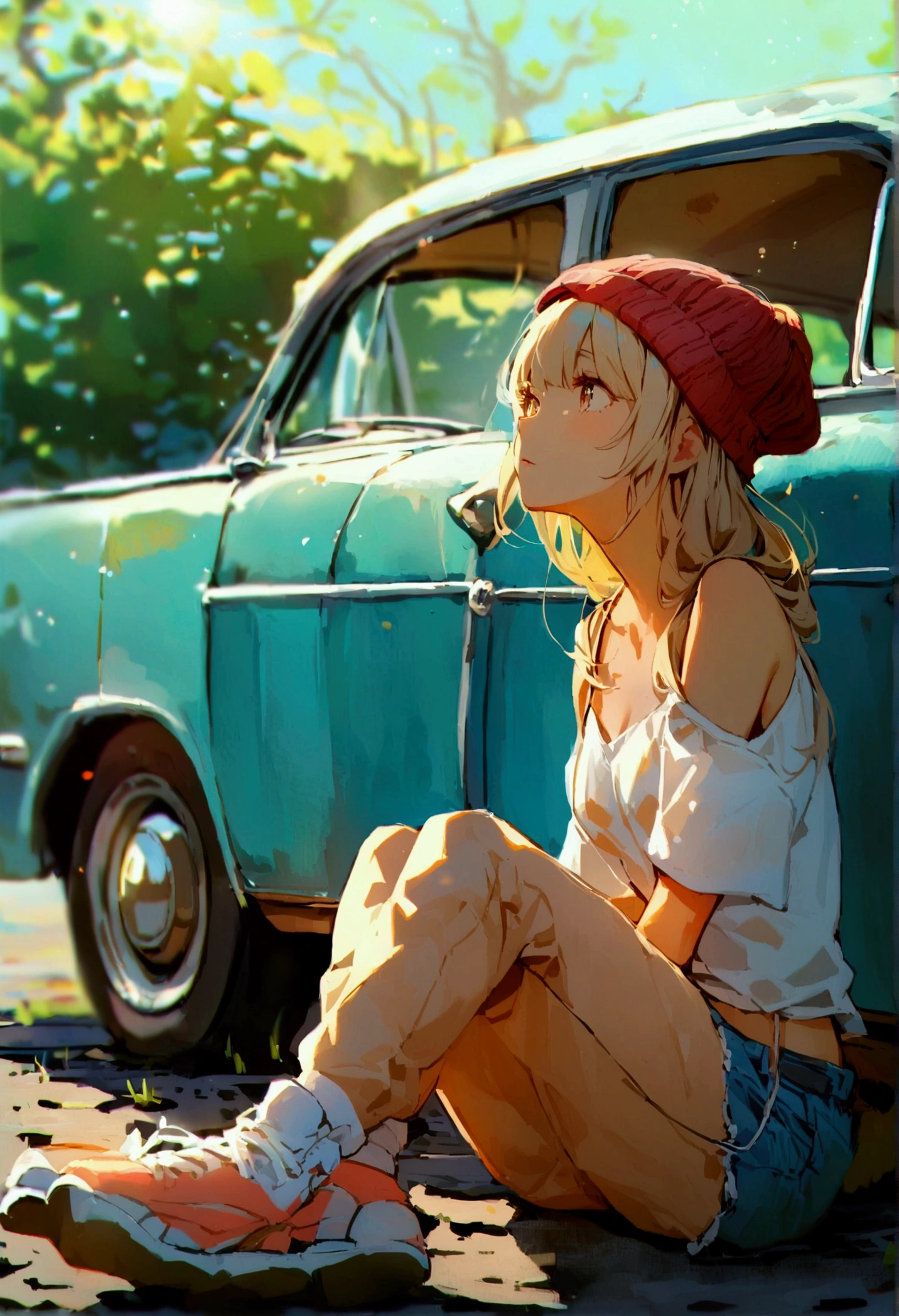 Girl with blonde hair below shoulder length. sitting on the asphalt, Behind her is a retro car. Девушка sitting on the asphalt, Leaning against an old retro car.
The girl is wearing large wide jeans, Big white sneakers with untied laces and a big white hoodie. summer. sunlight.
asphalt. road. 高速road路.