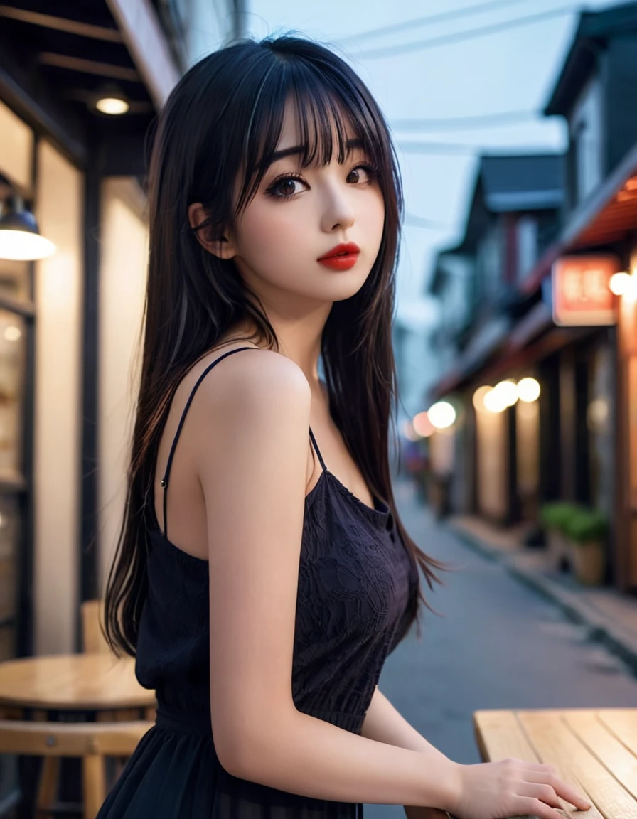 a girl，cute and pretty face，Long straight black hair，Long bangs covering eyes，long eyelashes，(Fine eyes)，small eyes，(half-closed eyes)，(Dark lipstick)，(Dark eyeshadow)，Slim body，Huge breasts，Slender limbs，spaghetti strap dress，outside an old coffee shop，night，clean focus，shallow Depth of Field，Ultra-detailed faces，very beautiful face，Extremely high texture skin，Look to viewer，little smirk，beautiful legs，seductive，femainine pose，(realistic ，realistic-photo，RAW photo，8K original)，lens flare，film grain，artistic photography，UHD，highreasterpiece，retina，