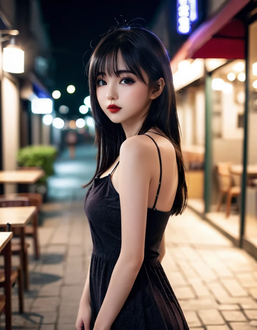 a girl，cute and pretty face，Long straight black hair，Long bangs covering eyes，long eyelashes，(Fine eyes)，small eyes，(half-closed eyes)，(Dark lipstick)，(Dark eyeshadow)，Slim body，Huge breasts，Slender limbs，spaghetti strap dress，outside an old coffee shop，night，clean focus，shallow Depth of Field，Ultra-detailed faces，very beautiful face，Extremely high texture skin，Look to viewer，little smirk，beautiful legs，seductive，femainine pose，(realistic ，realistic-photo，RAW photo，8K original)，lens flare，film grain，artistic photography，UHD，highreasterpiece，retina，