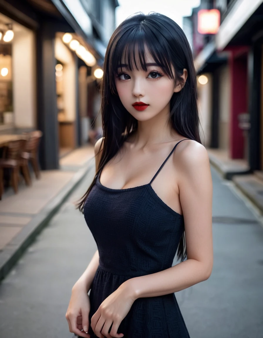 a girl，cute and pretty face，Long straight black hair，Long bangs covering eyes，long eyelashes，(Fine eyes)，small eyes，(half-closed eyes)，(Dark lipstick)，(Dark eyeshadow)，Slim body，Huge breasts，Slender limbs，spaghetti strap dress，outside an old coffee shop，night，clean focus，shallow Depth of Field，Ultra-detailed faces，very beautiful face，Extremely high texture skin，Look to viewer，little smirk，beautiful legs，seductive，femainine pose，(realistic ，realistic-photo，RAW photo，8K original)，lens flare，film grain，artistic photography，UHD，highreasterpiece，retina，