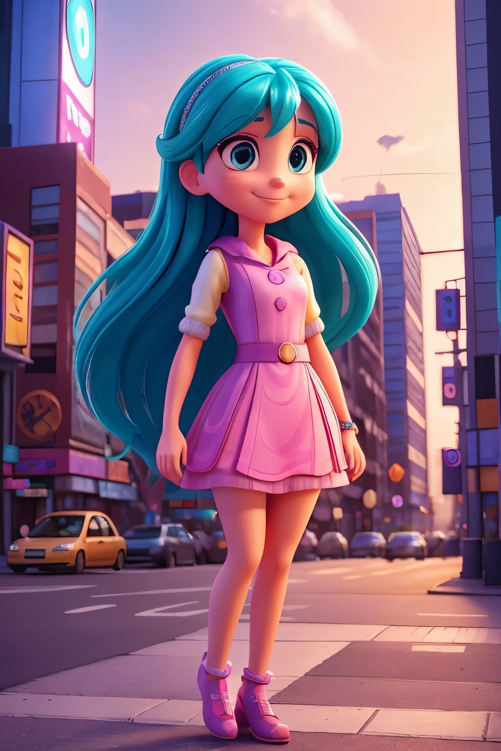 In the heart of a vibrant cityscape, a three-dimensional rendered cartoon woman named Sara is captured under the soft glow of a neon sign. She is dressed in a stylish, colorful outfit that shimmers and sparkles, accentuating her graceful figure. Sara is standing in front of a futuristic storefront, her eyes wide with fascination and awe. A gentle breeze rustles her long, flowing hair, and her smile beams with joy and excitement. The cityscape around her hums with activity, yet Sara seems completely at peace, lost in the captivating world of her 2D origins. The contrast between the 3D dimensions of Sara and the 2D world