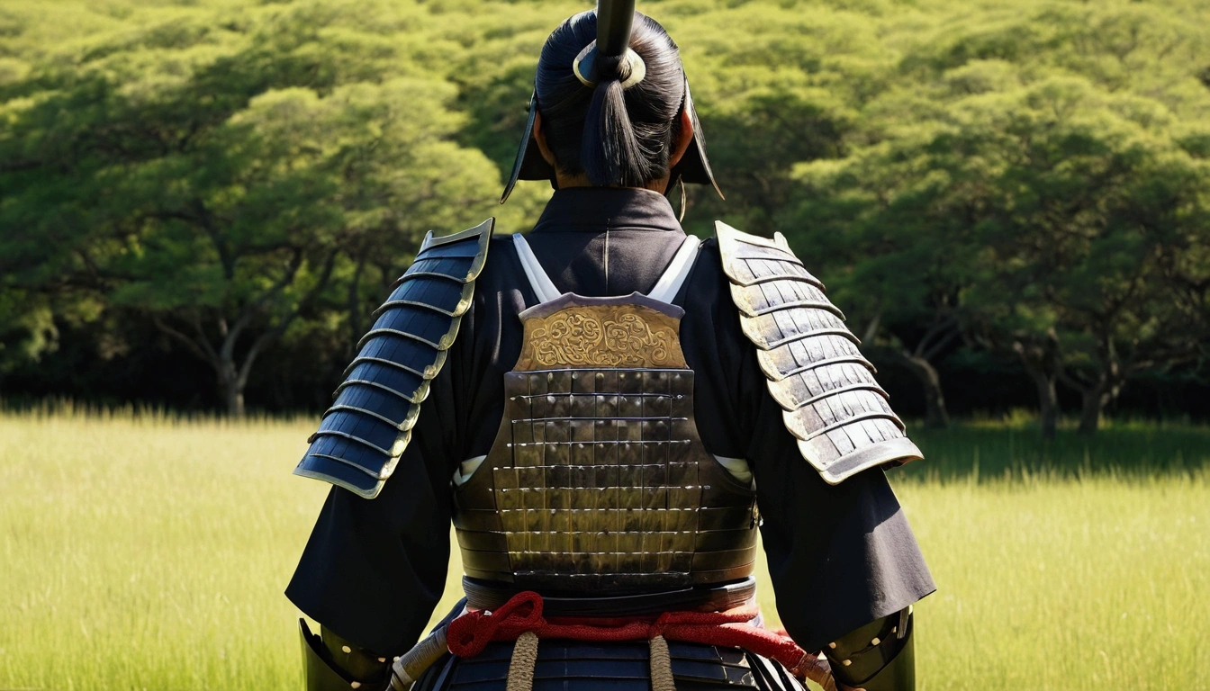Traditional Japanese samurai armor,Back view,Severe,skilled swordsmanship,Classic Katana,The Samurai Code of Honor,Authentic Japanese scenery,Summer steppe,Fresh greenery,horse,Subtle light and shadow,Sublime Art,Manga style,Traditional woodblock style,Vibrant colors,Delicate line drawing,Subtle incense scent,Serene atmosphere