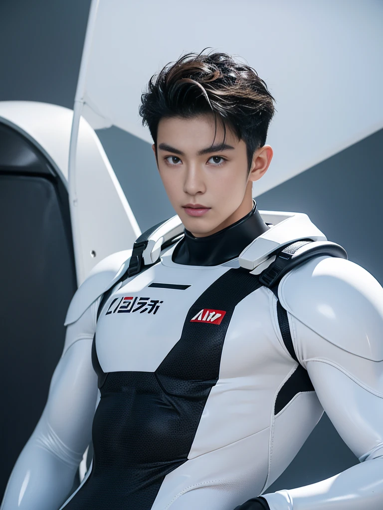 Japanese Male Model Cool 20 year old Short black hair slim and muscular intense Bright screen Close-up image Very tight white rubber suit Hero whole body, sexy