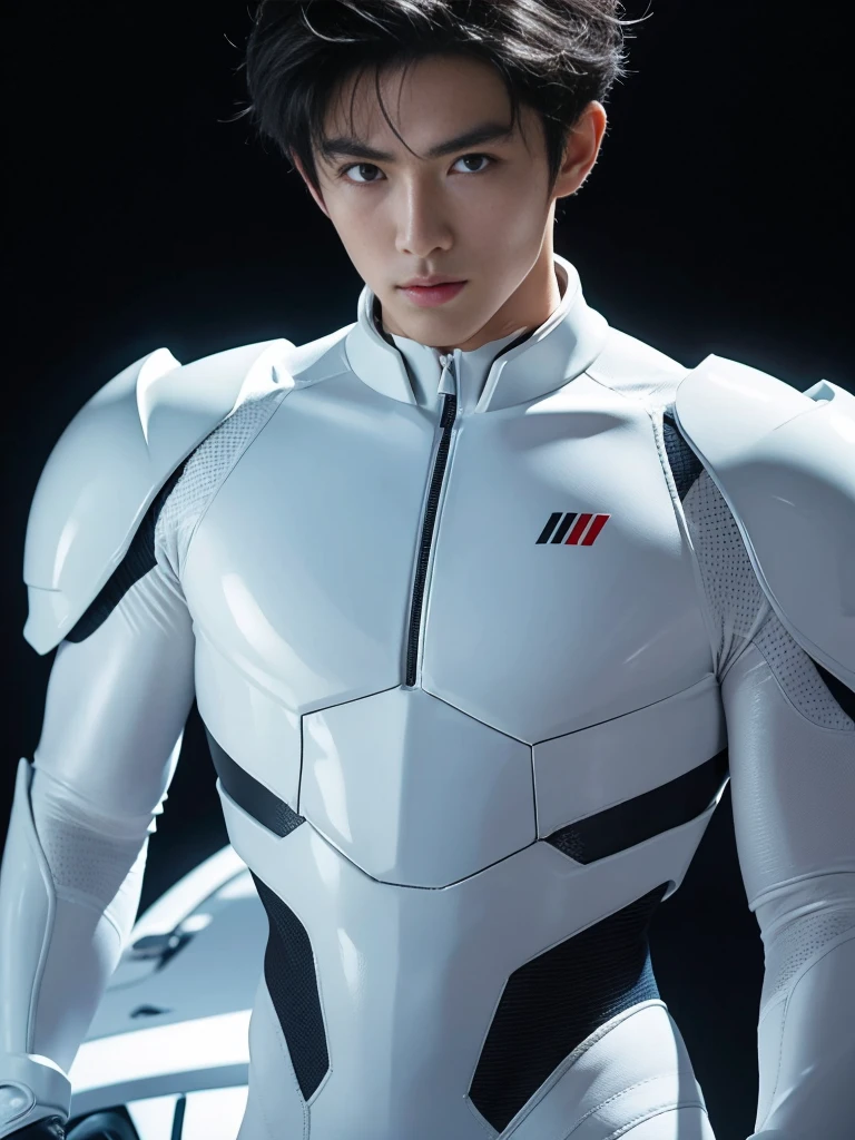 Japanese Male Model Cool 20 year old Short black hair slim and muscular intense Bright screen Close-up image Very tight white rubber suit Hero whole body, sexy