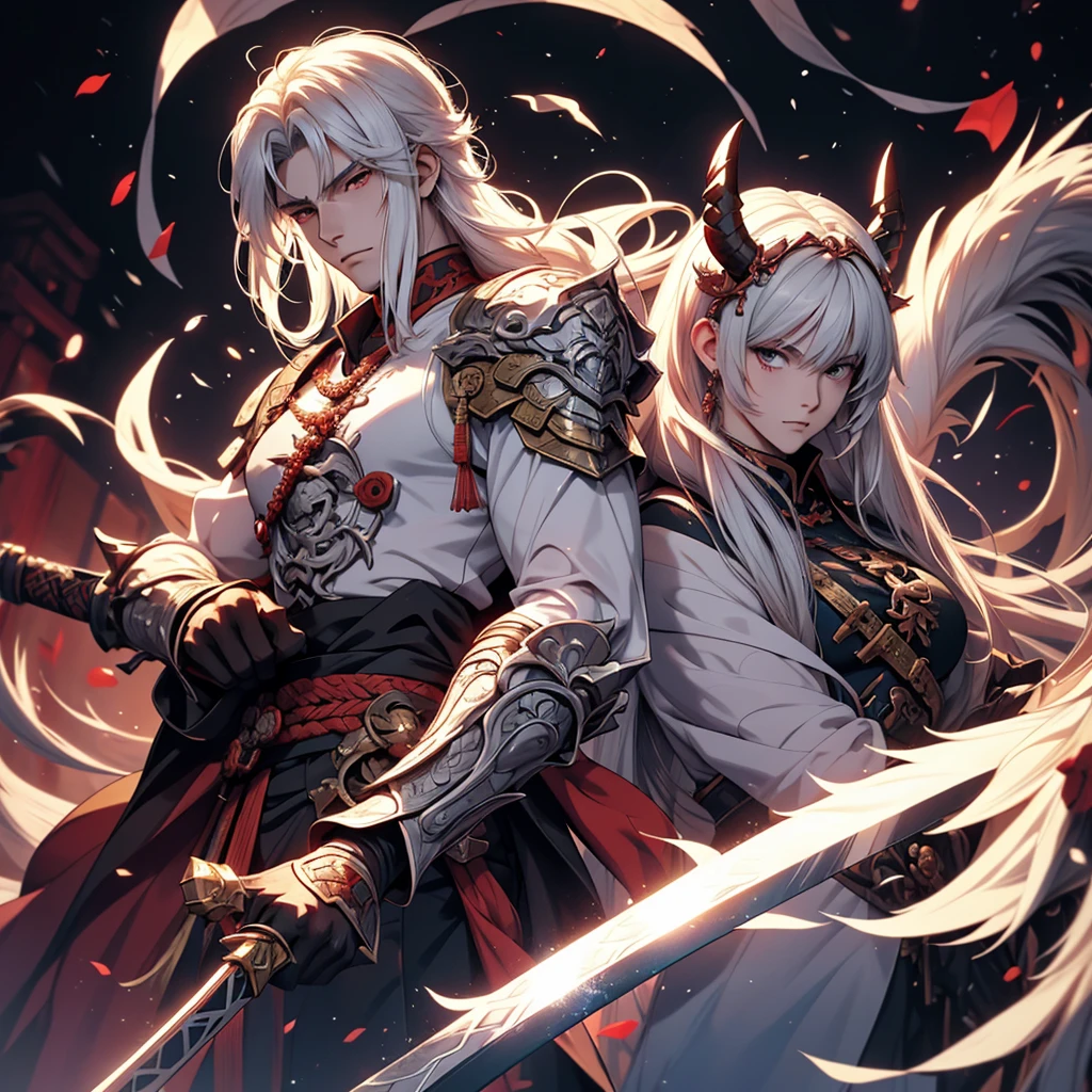 long white hair，Anime girl with sword in hand, handsome guy in demon killer art, Inspired by Bian Shoumin, heise jinyao, Inspired by Seki Dosheng, Cai Xukun, by Yang J, Guviz-style artwork, Deviantart ArtStation CGSCOSIETY, demon slayer rui fanart, Beautiful androgynous prince