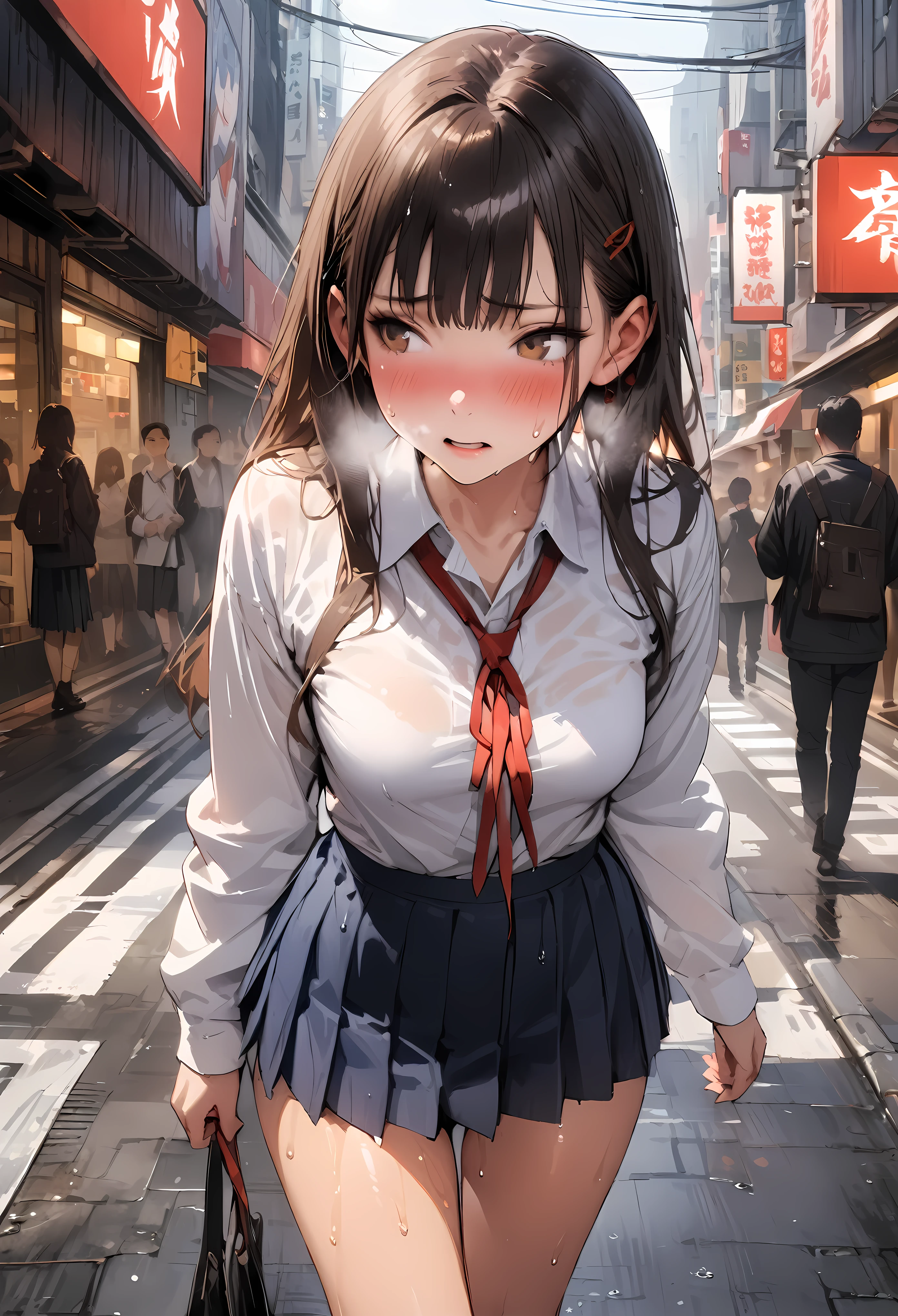 ((masterpiece,Highest quality:1.3,best quality illustration,realistic:1.3)),cowboy shot,solo,1woman,(18-year-old、Japanese Beauty)、brown hair,long hair,bangs,brown eyes,gorgeous eyes,((very small head:1.3)),blush,Heavy breathing,((very long body:1.2,skinny)),medium breasts,(Red ribbon tie、White collared shirt、Long sleeve navy blue pleated mini skirt),Wet crotch、sweat,gleaming skin,toned body,slender body,walk、on street,neon、shibuya,Tokyo、