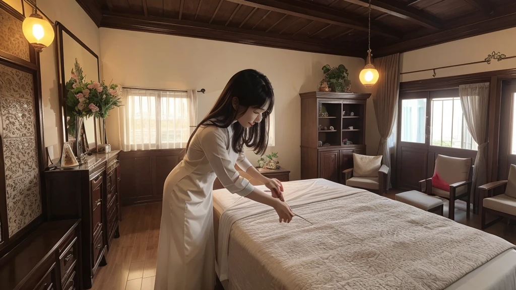 Chân dung, một phụ nữ gái châu âu xinh đẹp, khuôn mặt hình trái xoan, chân mày ngang, mắt xanh lá, tóc dài vô lý, tóc màu xanh lá, tóc suôn thẳng, đôi mắt hiền dịu, đôi mắt quyến rũ, biểu cảm thất vọng, váy lụa dài xanh lá, ngực bự, thân hình bự,