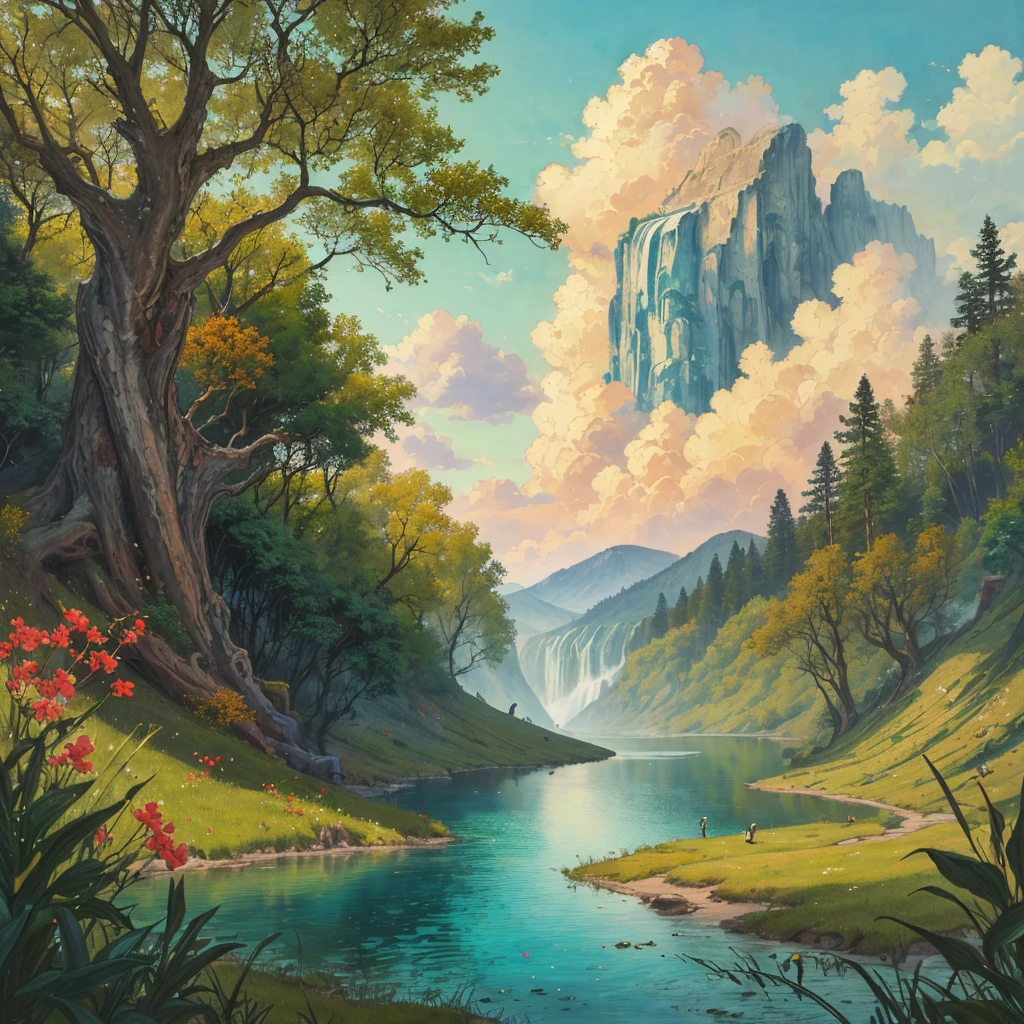 highres,absurdres,Highly detailed,ultra-fine painting,celluloid,fantasyArt,cinematic_lighting,waterfall,lake,spring,forest,chinese_style_loft,(masterpiece,high quality,best quality:1.3),sun,sky,nature,river,outdoors,cirrus,Cirrocumulus,stratus,road,flower,animals,