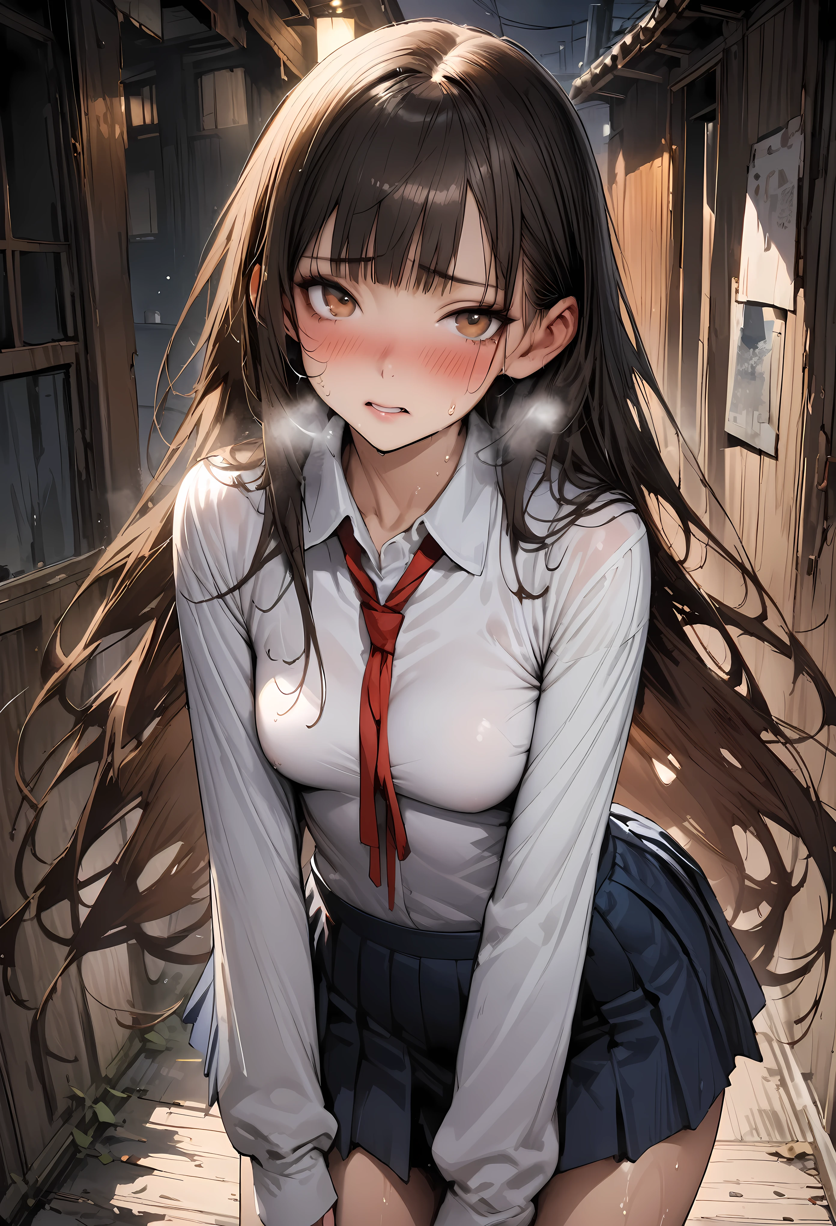 ((masterpiece,Highest quality:1.3,best quality illustration,realistic:1.3)),cowboy shot,solo,1woman,(18-year-old、Japanese Beauty)、brown hair,long hair,bangs,brown eyes,gorgeous eyes,((very small head:1.3)),blush,Heavy breathing,((very long body:1.2,skinny)),medium breasts,(Red ribbon tie、White collared shirt、Long sleeve navy blue pleated mini skirt),Wet crotch、sweat,gleaming skin,toned body,slender body,Abandoned house、at night、Tokyo、