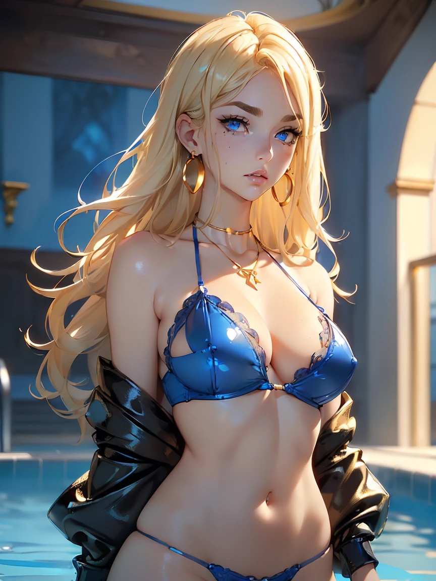 (((Blonde stunning hair))), (blue eyes), ((blue necklace)), ((Golden earrings)), ((brown eyebrows)), ((two moles over lip)), ((detailed eyes)), ((only micro blue bralette as a top and latex panties bottom)), swimming pool, complex parts, H cup boob size, (from below 1.2), focus on character, (depth of field:1.2), open neckline, ((show most body)), H cup