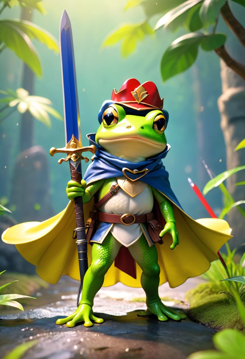 Esbian all over、Cool Frog、Pop Frog、Diorama、Simple Background、bandana、Holding a big sword in his hand、Brave、Cape、Best Quality, Capture the cutest moments, Depth of written boundary, Super detailed, Ultra-high resolution, Octadale, 8k, 16km race