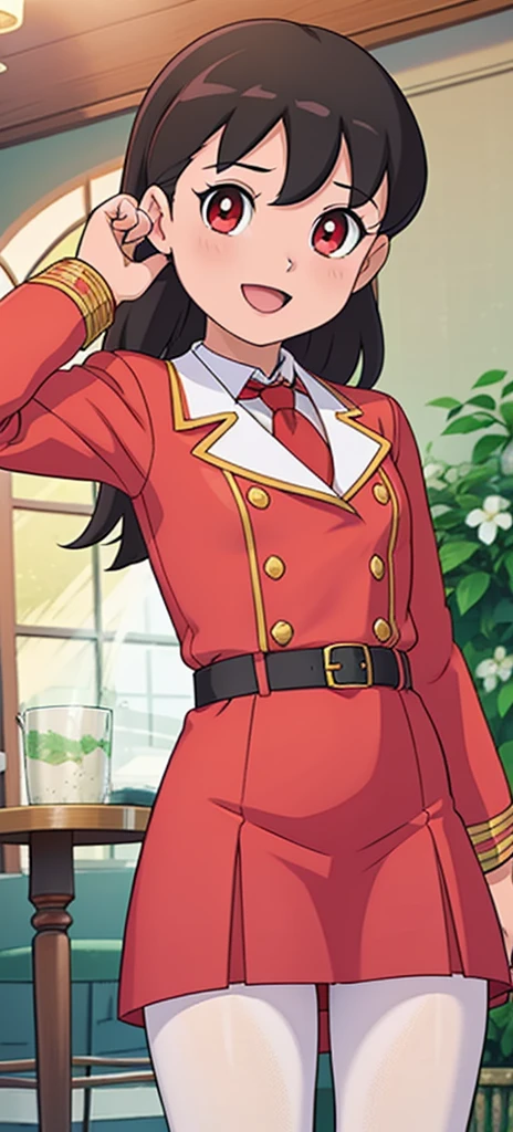 1girl, masterpiece, best quality, highquality, OLGA_MARIE, black hair, ORANGE_EYES, LONG HAIR, hair between eyes, long sleeves, jacket, red ascot, dress, skirt, pantyhose, very long hair, cowboy shot, 