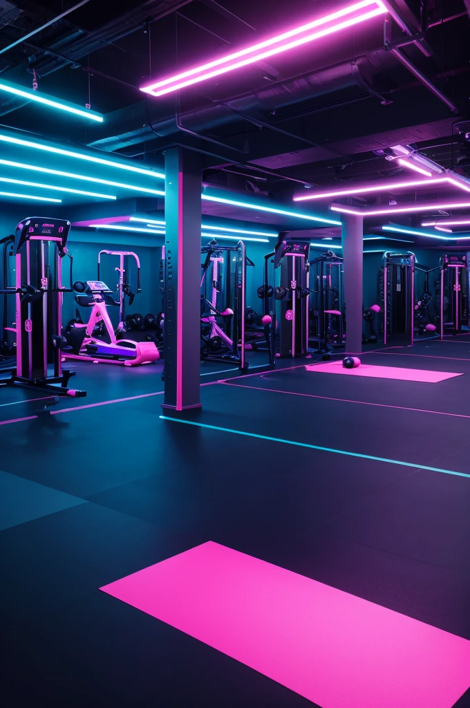 Create a gym with lots of workout equipment, in a room full of neon lights at night