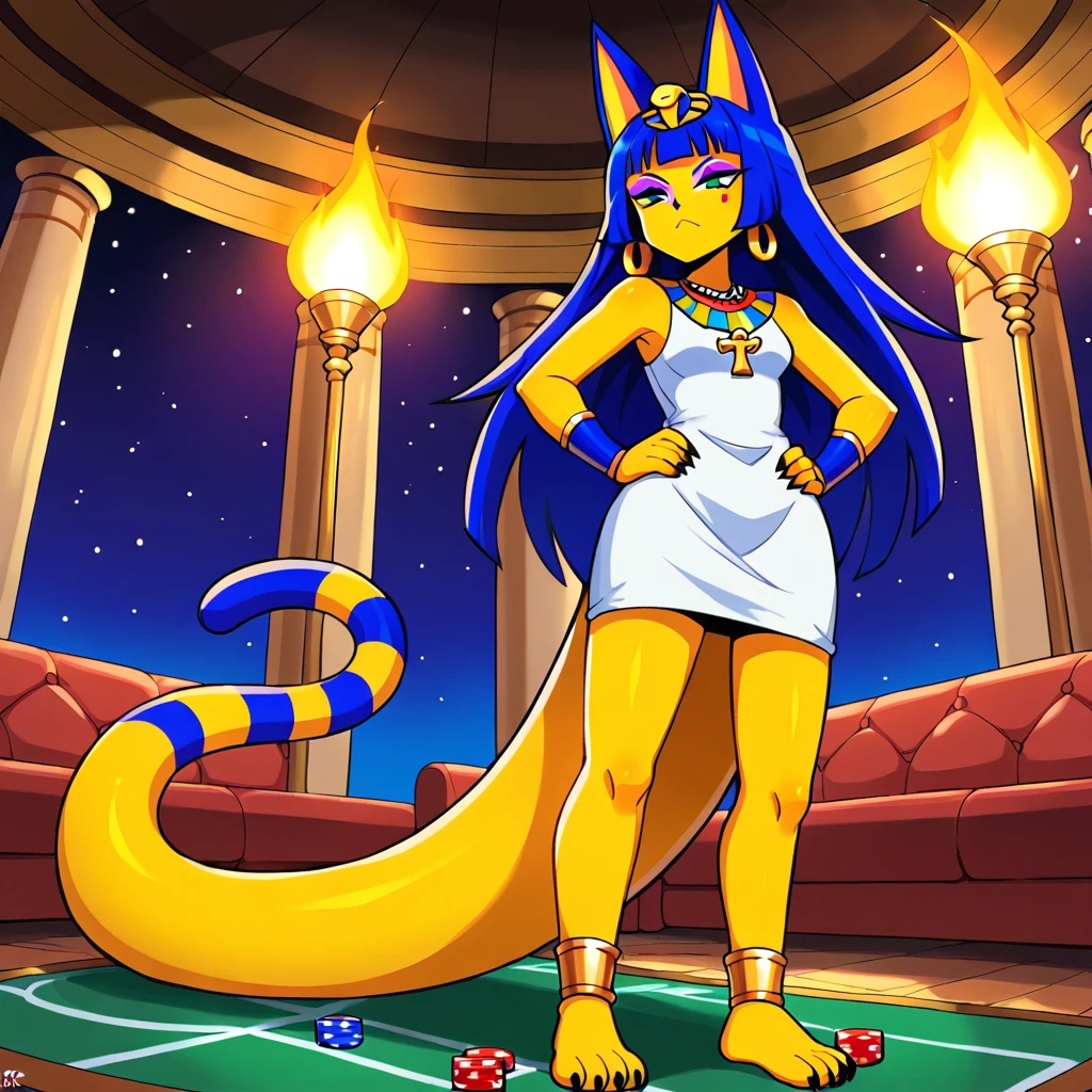 Eye, Animal Crossing Muscle, hairy, Blue Hair, Hair accessories, Yellow skin, 黑Eye, White Dress, Tail, Looking at the audience, Serious, Cross your legs, from_below, His sofa, Inside the living room, Hieroglyphics, high quality, masterpiece, 1 Girl，Cat ears，Dark skin tone，clothing，earrings，Jackal ears，Jewelry，Long hair, White Dress,  ((hairy; anthropology)), ((细致的fur)), ((Detailed shadows)), ((Beautiful rendering art)), ((light)), {anthropology cat; fur, Black Nose, (可爱发光的靛蓝Eye), (Indigo Eyeshadow), (Egyptian eye makeup), Cat ears, frown, (Poker face), 长猫Tail, (Beautiful legs), (Beautiful paws), (Black Claw), (Beautiful buttocks)}, {(tight white dress), small , (Colorful necklace), (Serpentine headdress), (Blue bracers), (gold anklet)}, {(walk), (Hands on Hips), (Looking at the audience)}, [background; (Sandstone walls), (club), (torch), (Starry Sky), (Sun rays)]