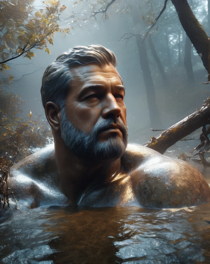 from above, bokeh, UHD, masterpiece, high details, high quality, award winning, best quality, highres, 16k,
(Looking up angle),Big Dumb Object,(Portrait of huge handsome man head sculpture collapsed in water:1.3),Great Wilderness,Dense fog,old,Dead branches,Art style of Philip Hodaatte of the human soul, realism ,BDO works by American digital artist Stuart Lippincott,Use advanced tones and shading,Creates a dazzling and mysterious light,The deep spatial pattern and mysterious atmosphere,Create a sci-fi mechanical god realm,Highlighting the insignificance of human beings,and fear of the unknown,minimalist art,fantasy,Surrealism,