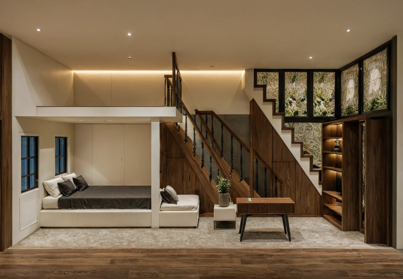 Raw photo, Masterpiece, high quality, best quality, authentic, super detail, interior, indoors, style modern, minimalist line, wooden, dark walnut wood, LED light, white paint wall, LIVING ROOM, PEN HOUSE, wooden window, japan style, wasabi style, Jen style, steel stair, glass railing, paint wall decor, bookshelf, livingroom, Indochine style,