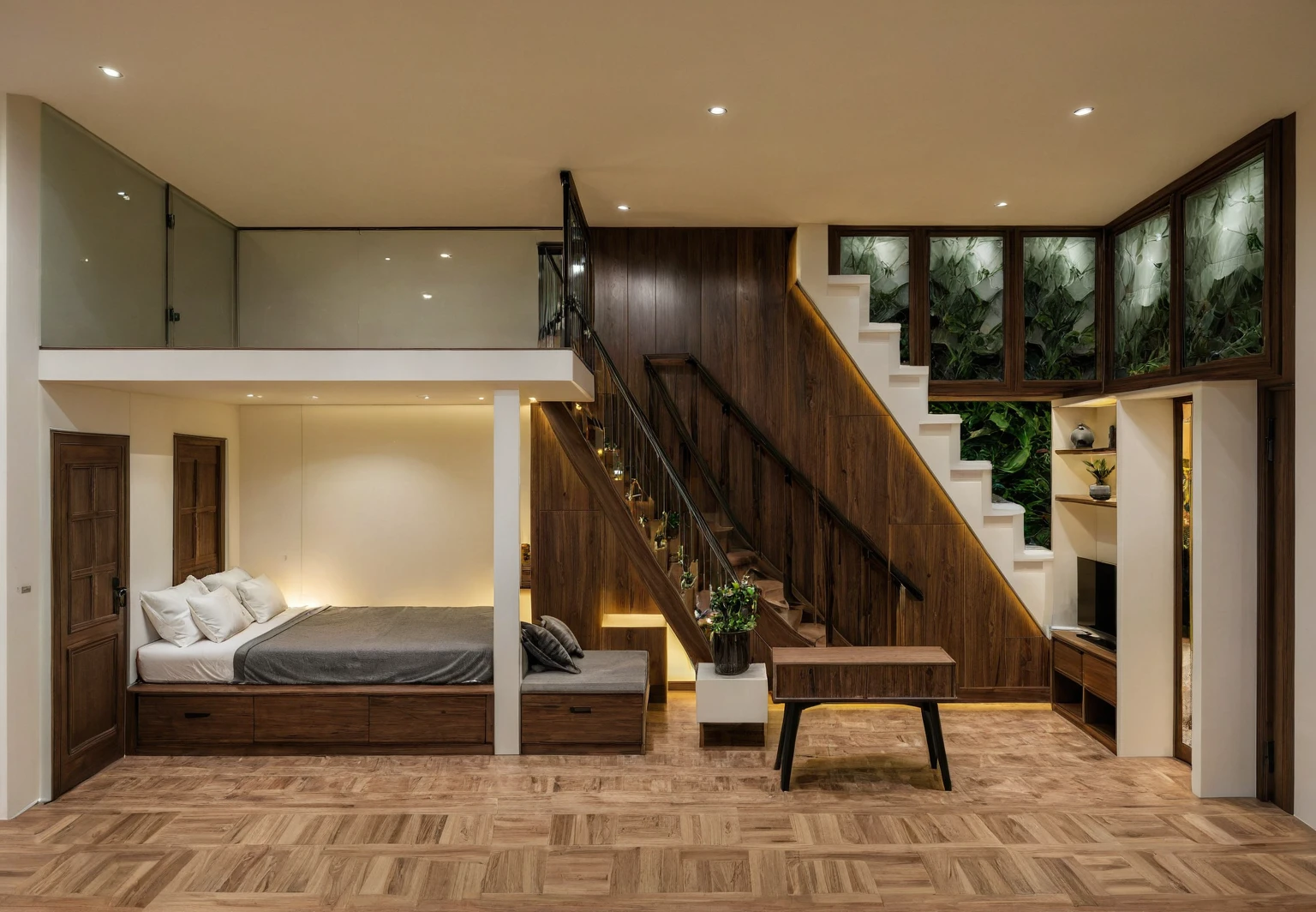 Raw photo, Masterpiece, high quality, best quality, authentic, super detail, interior, indoors, style modern, minimalist line, wooden, dark walnut wood, LED light, white paint wall, LIVING ROOM, PEN HOUSE, wooden window, japan style, wasabi style, Jen style, steel stair, glass railing, paint wall decor, bookshelf, livingroom, Indochine style,