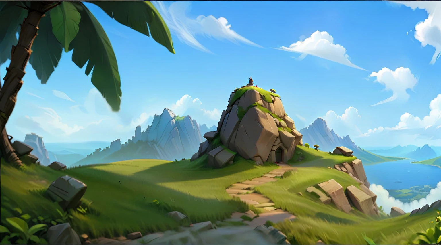 Stone Mountain,lookout tower,grassland,cliff。Fantasy style.Concept Art, Pixar,, best quality,Clash Royale style