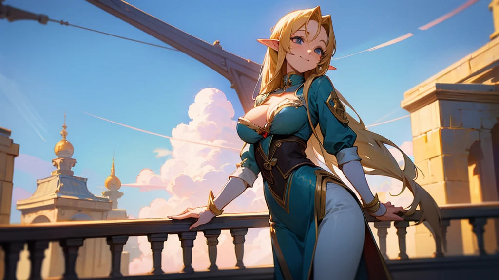 Anime Style,A detailed background with many people,The Four-Dimensional World,People on the balcony,Smiling Bard Elf,Mature Woman,Large Breasts,Protruding buttocks