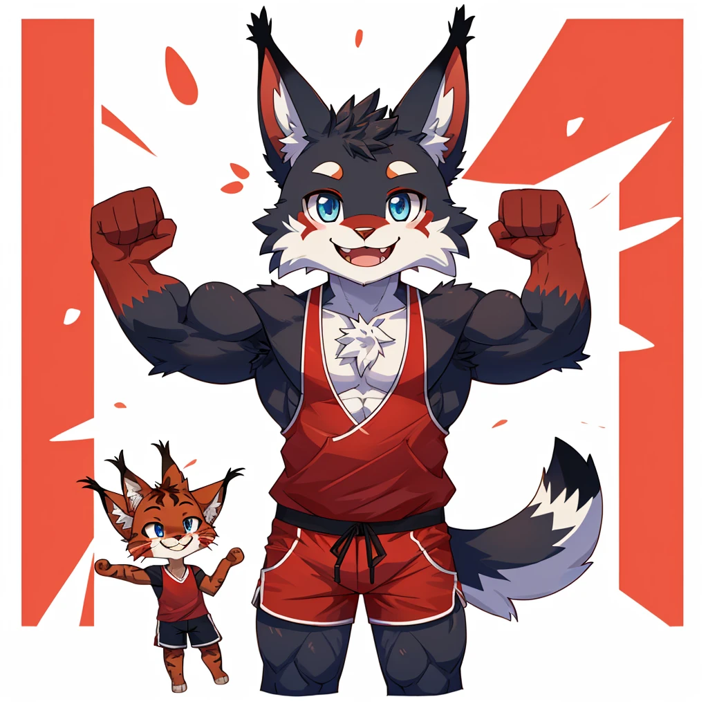 ((Furry lynx cat)), ((chibi)), chibi, chibi, chibi, chibi, body fully covered in black fur, ((fully covered in black fur)), ((black fur)), sharp fangs, sharp teeth, summer shorts outfit, cute, blue eyes, red chest hair, red eyebrows, red armpit hair, black nose, black tail, black tail with red tip, red whiskers, happy, smile, correct Anatomy, correct hand, ((white background)), (Acting happy), (hands up), enjoy, ((front view)), full body, sexy, (flexing), (muscle), black tail, black tail red tail tip, red eyebrows, red chest hair, red armpit hair, chibi, chibi, chibi, chibi