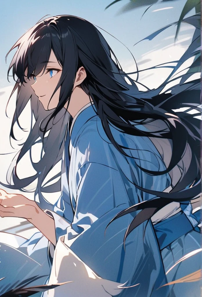 Japanese、male、Black Hair、Long Hair、Hair fluttering in the wind、Blue Kimono、Sharp Eye、Close your mouth and smile、Body facing left、Face forward、Hold out your left hand、The background is pale blue