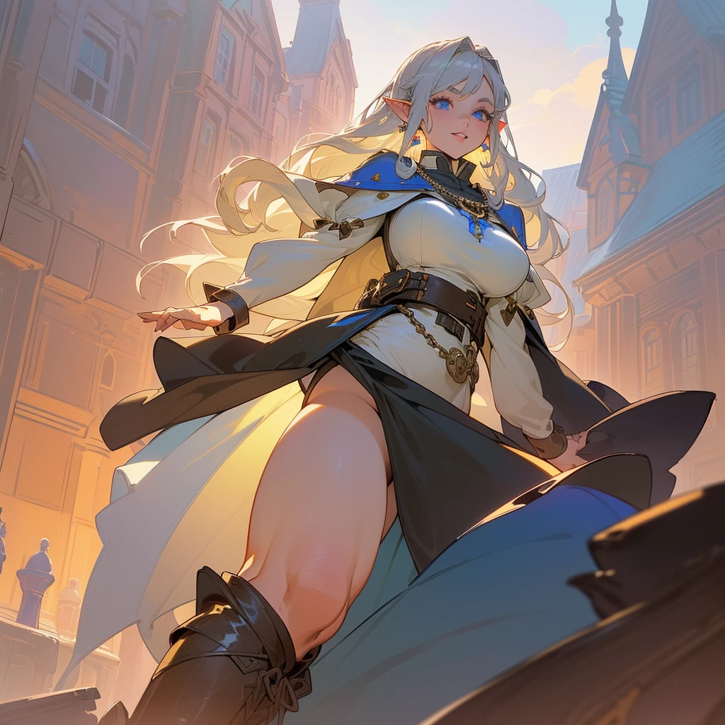 Create a beautiful girl,(Realistic 3D anime style) ,brown skin , tall statue,(He wears a long beige cloak with a hood over his clothes.) ,((He wears a cape tied with two silver chain brooches. , wavy white hair,(rostro redondo ultra detailed, cymetric face),(Perfect beauty), pointy ears,(well detailed blue eyes), (sharp eyes with long eyelashes), (splattered nose ),(full lips), (perfect smile),(body with beautiful curves), ((very big breasts)), (narrow waist),(( Wide hips)),(((thick thighs))),She is wearing a low-cut white dress with long sleeves.,high collar qipao, (iridescent metal earrings and necklace),gloves with dark blue leather cuffs, wide leather belt with silver metal buckle,short black skirt, black low-heeled ankle boots with laces and flap ,high to mid-thigh,dynamic pose,walking down a street of a beautiful fantasy medieval city with tall houses, half-timbered houses with plaster walls ,with brick-colored gable roofs,(house walls painted with different colors),decorated with hanging gardens with flowers of many colors, city located on the banks of a river, on a sunny day with clouds, Masterpiece,high quality ,ultra detailed,vivid colors, ((Girl&#39;s clothing decorated with fine intricate details)),girl looking at the camera, the scene captured from a low camera angle at a medium distance.
 