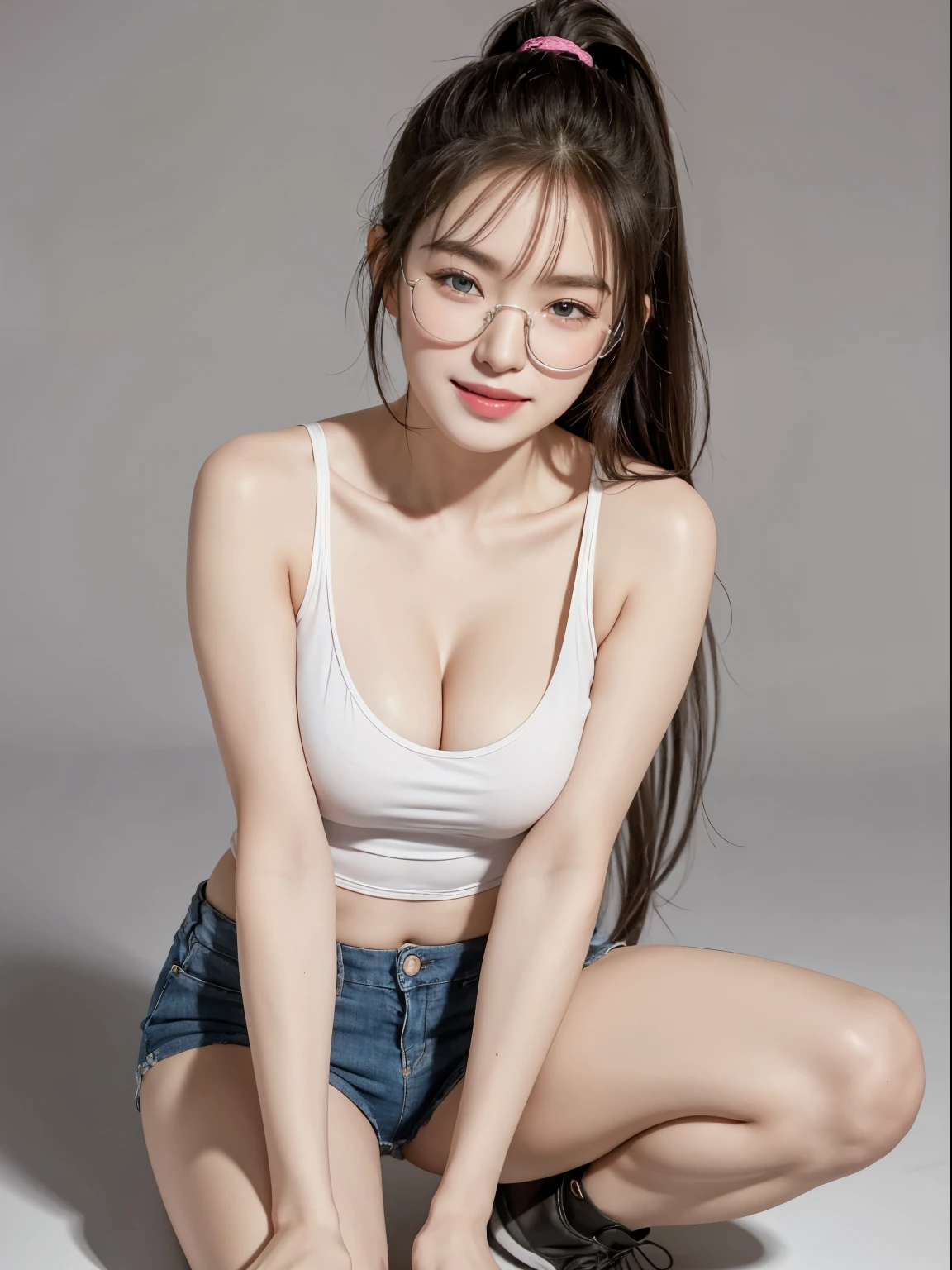 (Best quality, masterpiece, detailed), (RAW, 4k, hd images), 1 girl, , white skin, long hair, ponytail, layers hair, bangs, black hair, beautiful girl, cute girl, sweet girl, pretty girl, perfect girl, perfect body, pretty eyes, blue eyes, thin lips, (eye line, lip soft), perfect round breast, glasses, wayfare, simple background, smile, thigh, legs, tanktop, short pants, full body, modeling pose, free style pose, random angle capture, do guts pose, cleavage