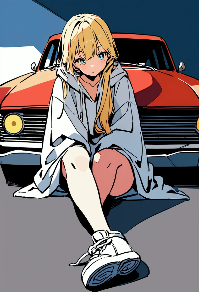 Girl with blonde hair below shoulder length. sitting on the asphalt, Behind her is a retro car. Девушка sitting on the asphalt, Leaning against an old retro car.
The girl is wearing large wide jeans, Big white sneakers with untied laces and a big white hoodie. summer. sunlight.
asphalt. road. 高速road路. night.