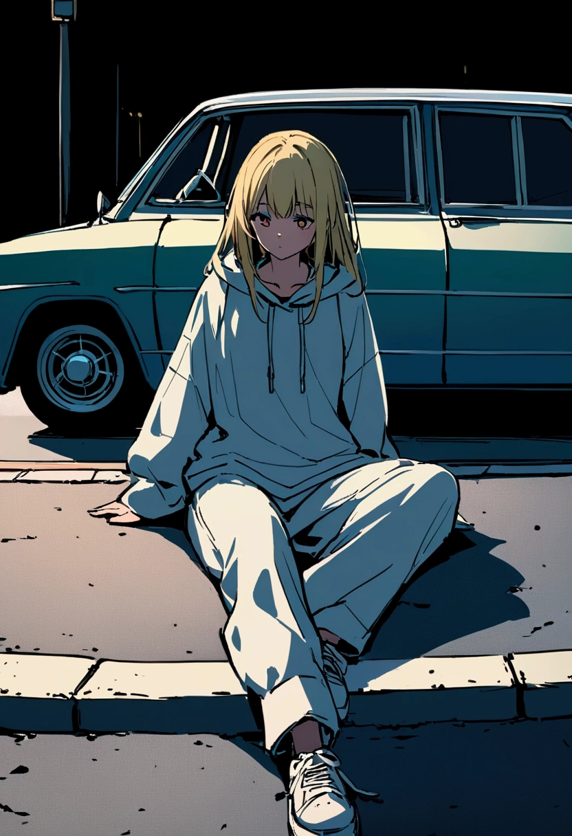 Girl with blonde hair below shoulder length. sitting on the asphalt, Behind her is a retro car. Девушка sitting on the asphalt, Leaning against an old retro car.
The girl is wearing large wide jeans, Big white sneakers with untied laces and a big white hoodie. summer. sunlight.
asphalt. road. 高速road路. night.