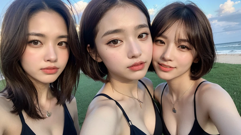 Three smiling girls, Blowing in the wind for a long time [Blue-black:.3] hair,View your viewers, (masterpiece:1.3), (8K, Realistic, RAW Photos, Highest quality: 1.4), Japanese, (One Girl), Beautiful Face, (Realistic Face), (black hair, short hair:1.3), beautiful hairstyle, Realistic eyes, Beautiful details, (Realistic Skin), Beautiful Skin, charm, Ultra-high resolution, Ultra-realistic, Very detailed, Beach, Nipples、Selfie