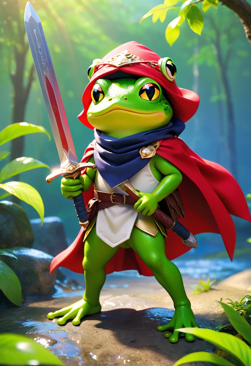 Esbian all over、Cool Frog、Pop Frog、Diorama、Simple Background、bandana、Holding a big sword in his hand、Brave、Cape、Best Quality, Capture the cutest moments, Depth of written boundary, Super detailed, Ultra-high resolution, Octadale, 8k, 16km race