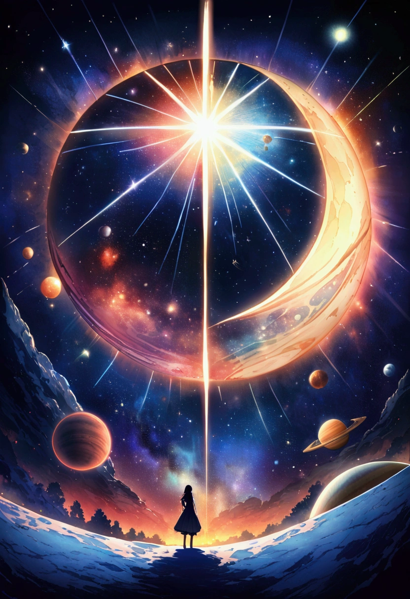 universe space、Viewing giant planets from space、Dark Universe、A pale star shining in the distance、 a vibrant celestial painting capturing transition of the venus from cozy nurturing elements into a dazzling sunlit stage filled with theatrical excitement