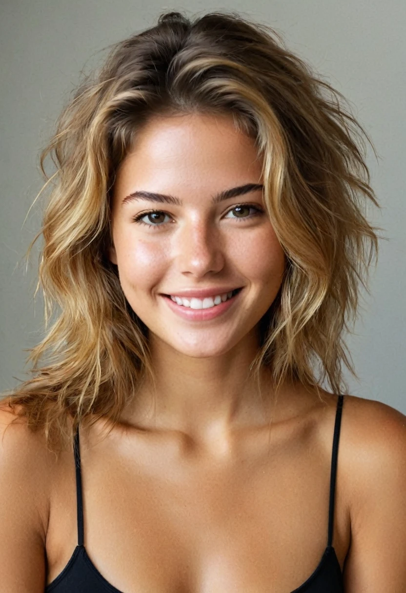 une femme magnifique de 23 ans, poitrine visible et grosse , léger sourire, visage et yeux détaillés, Éclairage naturel, , cheveux longs, contraste moyen , visage naturel, taches de rousseur, cheveux blond foncé, yeux marrons, épiCNéga, il faut quelle soit en legging avec un croc top sur le fauteuil