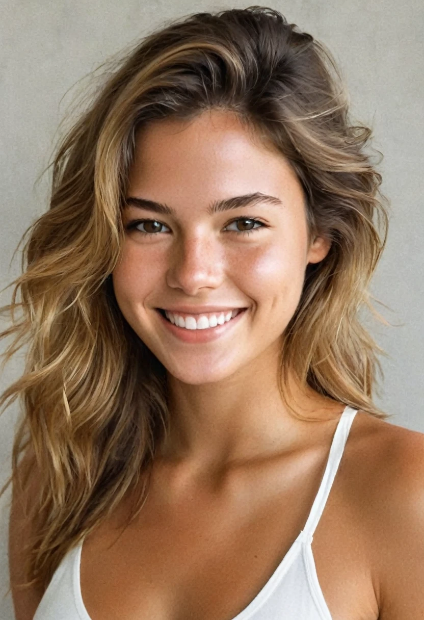 une femme magnifique de 23 ans, poitrine visible et grosse , léger sourire, visage et yeux détaillés, Éclairage naturel, , cheveux longs, contraste moyen , visage naturel, taches de rousseur, cheveux blond foncé, yeux marrons, épiCNéga, il faut quelle soit en legging avec un croc top sur le fauteuil 