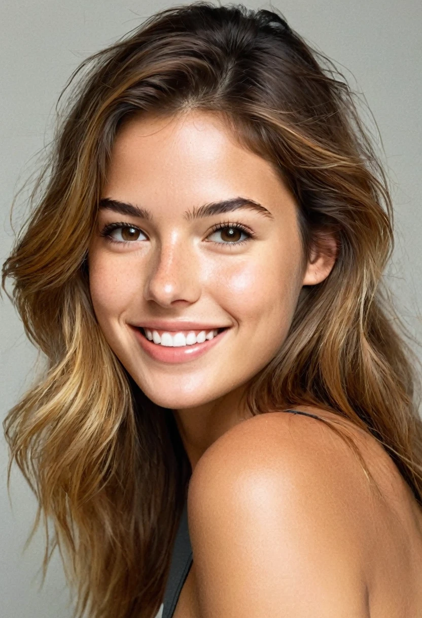 une femme magnifique de 23 ans, poitrine visible et grosse , léger sourire, visage et yeux détaillés, Éclairage naturel, , cheveux longs, contraste moyen , visage naturel, taches de rousseur, cheveux blond foncé, yeux marrons, épiCNéga, il faut quelle soit en legging avec un croc top sur le fauteuil 