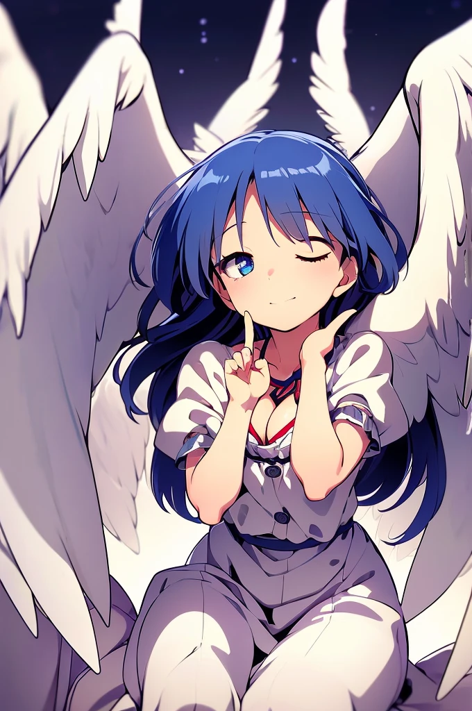 masterpiece, best quality, 1girl, , , 10 years old, medium blue hair, hair flaps, pink ribbon on head, well-formed face, blue eyes, angel girl, white blouse, puffy short sleeves, red ribbon, angel wings, long white skirt, red shoes, frills, ribbon head, from behind, to lift up one’s skirt, cowboy shot, from front, standing , raise one leg, crossed arms, arms up behind, arms behind back, hand between legs, put hands hip, one hand on hip, forward hands, arms raised in the air, punch hands, peace sign, waving, put up index finger, sit, lie down, closed eyes, lie face down, looking back, put one hand chest, leaning forward, cleavage, close up, horizontally outstretched arms, horizontally outstretched legs, front view, front face