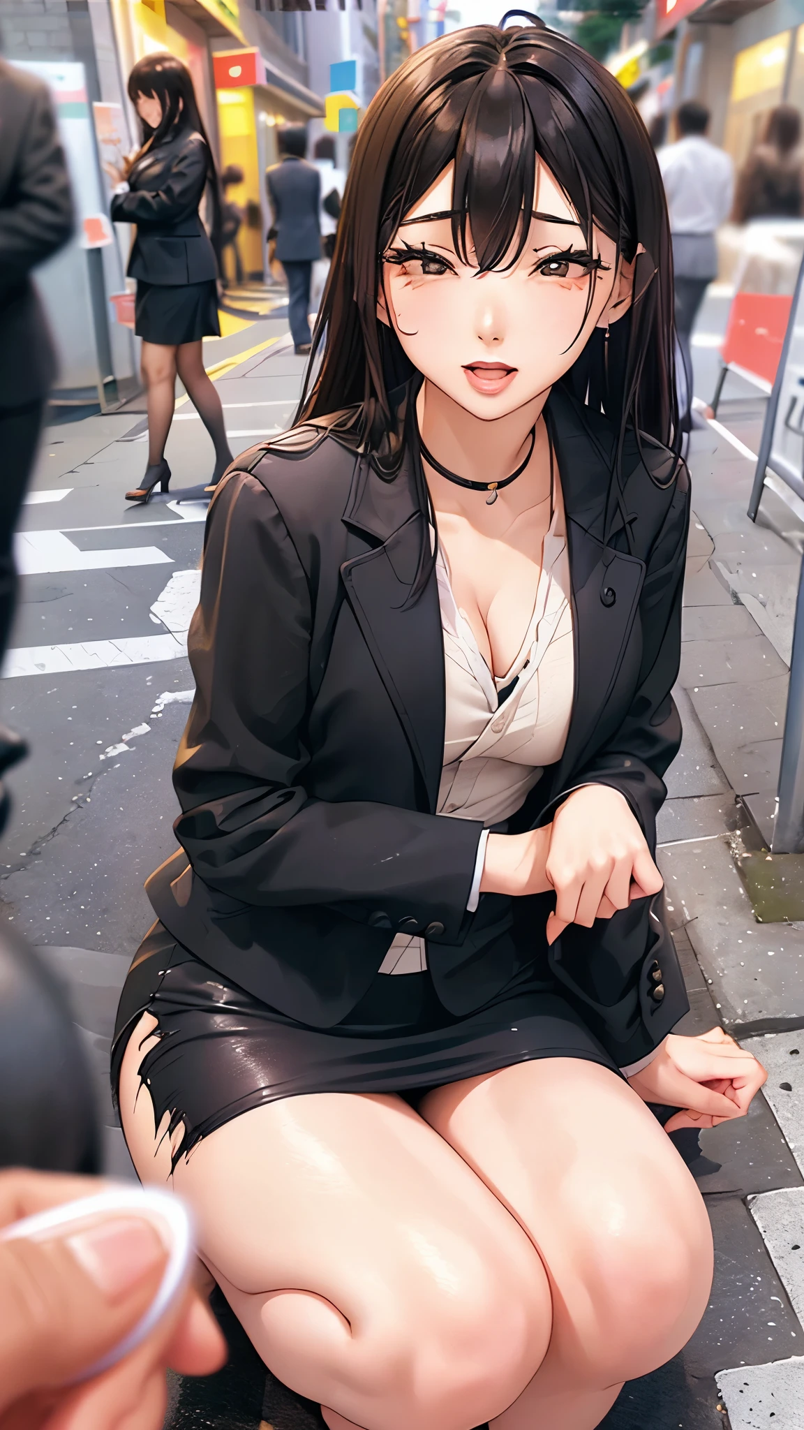 /quality
(masterpiece,best quality,High resolution,高quality,Realistic)
/HairstylesStraight Hair
/Clothes
(Pencil Skirt,Job interview suit,Black jacket,Torn pantyhose:1.5,Earrings)
/Pose Crouching,sit
Leaning against a wall,
Spread your legs:1.5
(Ahegao,orgasm,vapor:1.5,Wish:1.5),
/Other Crowds:1.5,Fair skin,Feet Focus,Leaning against a wall,male,hand of:1.5,night, roadside,ID card,White chocolate