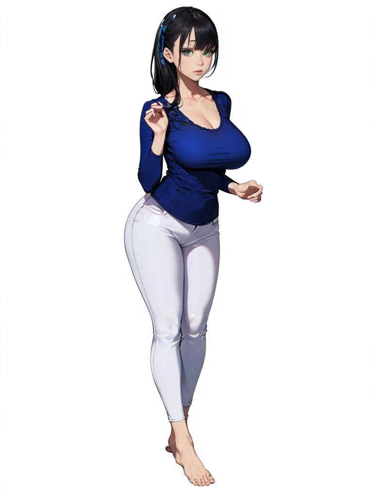 ((1girl, solo)), (( female)), beautiful body, (perfect anatomy, perfect body, perfect hands, perfect legs), (five fingers:1.5), natural proportions, sexy b, large breasts, shot BREAK
((extremely detailed face)), (beautiful detailed eyes:1.6), (realistic pupils, realistic iris:1), expressive eyes, looking at viewer, (clear eyes:1.3), (hyperrealistic:1.2), (detailed skin texture:1.2), smooth skin, (green eyes:1.5), (black hair:1.5), ((long hair)), bangs, hair over shoulder, white scrunchie, (detailed lips:1.2), (attractive lips:1.1), (glossy lips:1.1), blush, perfect face, perfect eyes BREAK
((blue shirt)), collarbone, cleavage, long s((white pants)), skin tight, barefoot BREAK
(masterpiece:1.5), anime-style, top quality, best quality, (beautiful and aesthetic:1.2), (ultra detail:1.5), Ultra-detailed depiction, Ultra-precise depiction, extremely detailed 8k illustration, high resolution, (highly detailed shading:1.2), (realistic lighting:1.4), perfect lighting, vibrant colors, dynamic tones, striking hues, 8k, absurd resolution, perfect shadows, hdr, UHD, ambient lighting, realistic, ultra-realistic, photo realistic, highly detailed, rich detail, luminous colors, fine texture, intricate design, professional illustration, (soft light:1.2), (illustration:0.7)