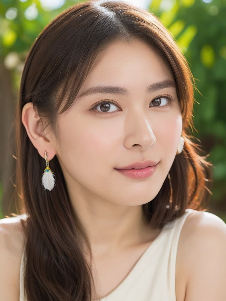 scene at the beach bar, (((only 1 woman))), (highest quality, 8K, masterpiece :1.3), pretty woman sitting on japanese veranda sharp focus, Bewitching, friendly, whole upper body, full upper body portrait,
, 1 person, (Half Japanese and half Russian), Beautiful actress face,
Smooth body :1.3, exemplary body shape:1.5, Perfect style:1.4, subtle smile, casual, pretty colorful feather earrings, award winning foto, trending on artstation, 16k resolution, intricate details,
