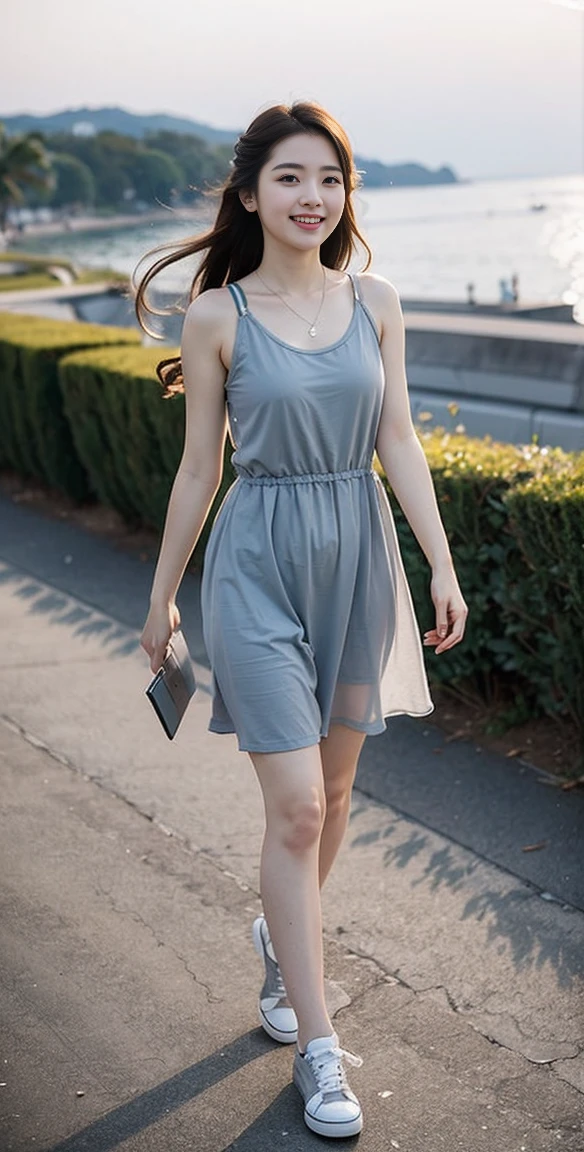  ((Wearing a light grey shift dress:1.1)),， girl, （tight top：1.5），close your mouth and smile，legs long，White skin of the，high high quality，4K, Face-to-face audience, 1 plump girl，hair tying up，at the street side，（Bring your legs together：1.5），with a round face， 32 inches in the chest, (sexy pose),(standing pose) ,(full body shot)、Chest 32 inches, ,Stand on the grass and take pictures