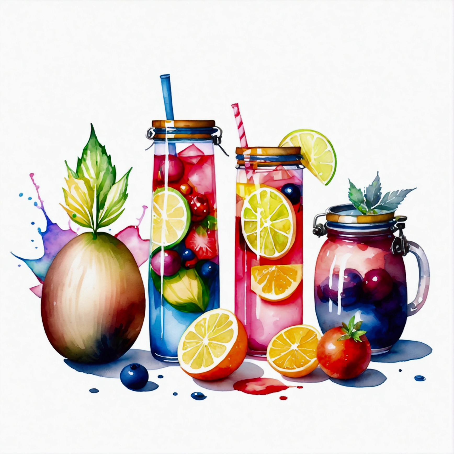there are many types of colorful healthy drinks served in glasses, the glasses sitting on a surface, juices, smoothie, illustration, isolated with solid white background, surrounded with negative space, centered composition, highest detailed painting, very precise line, Isolated, clear solid white background, perspective angle of view, ((watercolor:1.5)), (lora:add-detail-xl:1), (masterpiece), (best quality), no bread on the floor, washed out color, (ghibli)