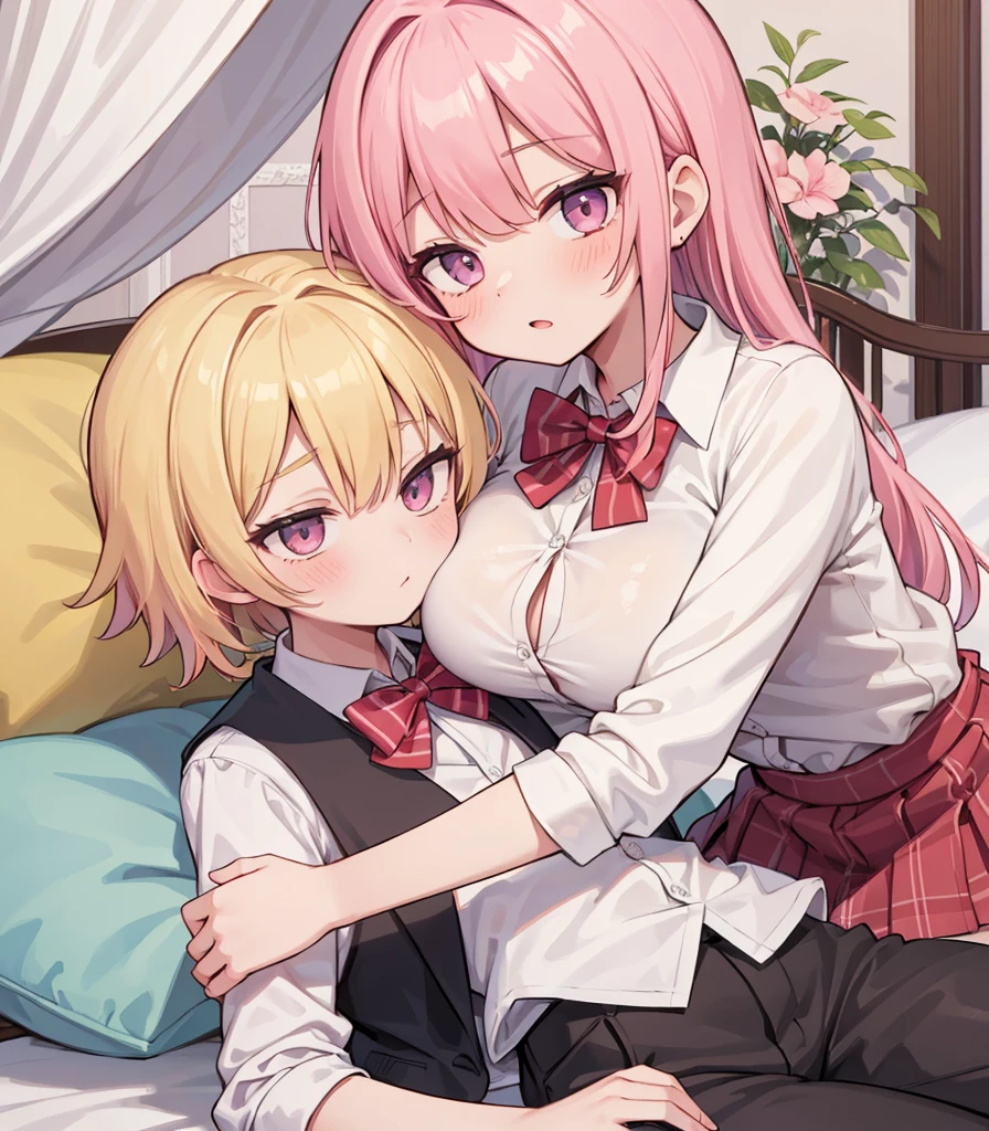 masterpiece, Highest quality, so beautiful, absurdists,High resolution,One girl, One boy,Cuddling in bed, like,sexly,Look at each one, blush,Age difference,bow tie,blondes,chest,Long Hair,Pink Hair,Tucked in shirt,short hair,skirt,Tent shirt,Slut,Big breasted sister and brother,Siblings, trousers,Pushing her big tits against her brother,(My brother's small erect penis),((((姉のvery huge breasts,Sister crushes her big tits in her brother's face)))),(((((Very huge breasts))))),(((((small penis,NSFW,Soft Very HUGE breasts))))),((Bursting Breasts,弟の顔を隠すHuge breasts)),((((((((Huge breasts,Large Breasts,とてもLarge Breasts、すごくLarge Breasts、とてつもなくLarge Breasts)))))))),Two people gazing at each other,puffy nipples,(Face crushed by boobs,Huge breastsを弟の体に乗せる,Covering her mouth with her ,Breasts covering the face)),((huge breasts))