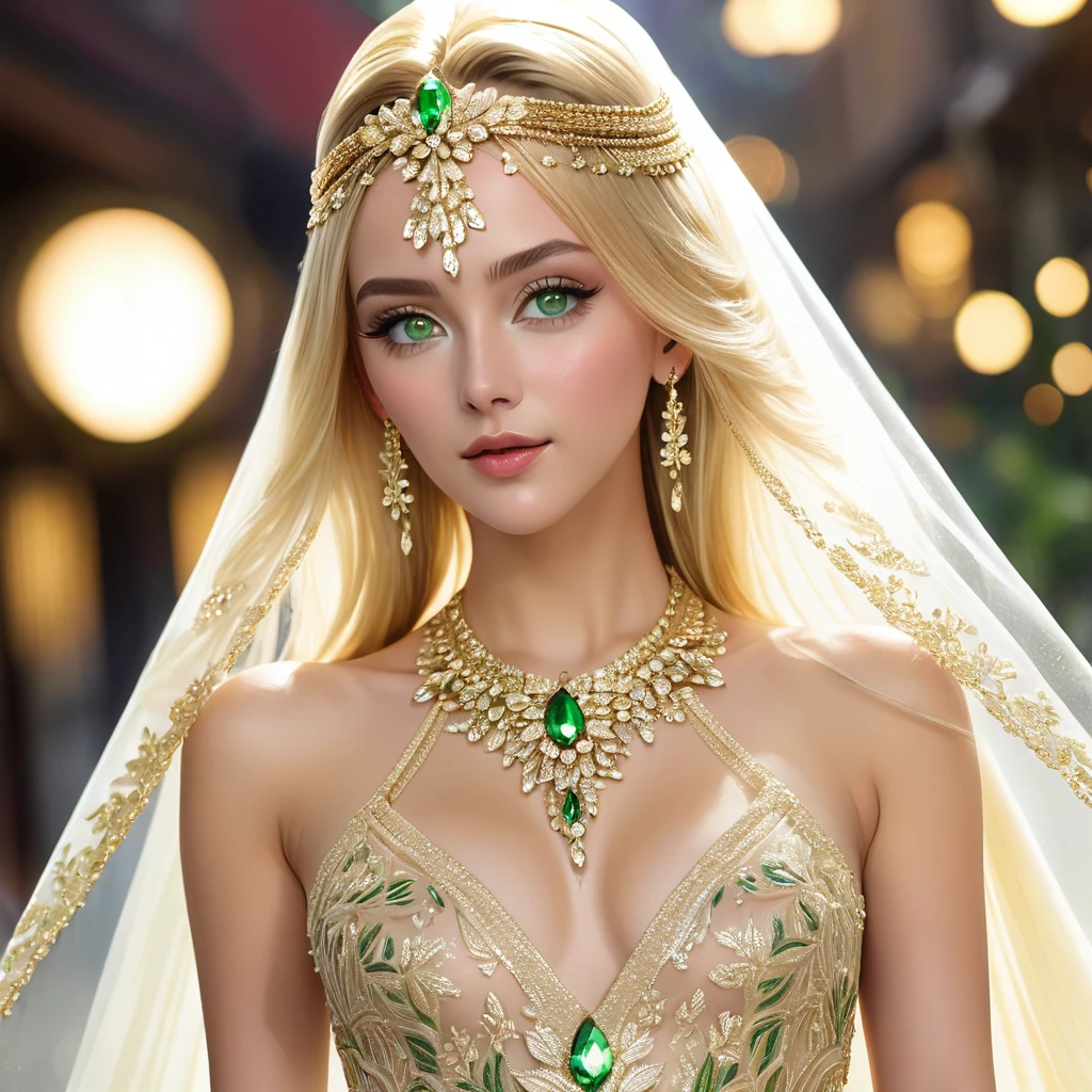 ((Highest quality)), ((masterpiece)), (detailed), (Perfect Face)、The woman was a tiare with green eyes and medium-long blonde hair, and was wearing a luxurious, shiny, gold-colored, long-slit see-through dress with gorgeous embroidery and trim, which allowed her skin to show through, a gold-colored see-through cape, and a gold-colored see-through veil. She was wearing a gorgeous jeweled hair accessory, a jeweled head dress chain, a jeweled waist chain, a gorgeous necklace, bracelets, ankle bracelets, jeweled earrings, and shiny gold boots. She was also wearing an engagement ring.