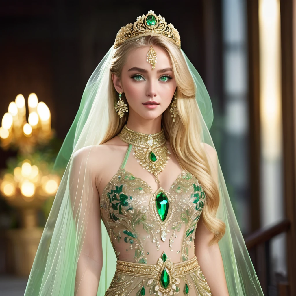 ((Highest quality)), ((masterpiece)), (detailed), (Perfect Face)、The woman was a tiare with green eyes and medium-long blonde hair, and was wearing a luxurious, shiny, gold-colored, long-slit see-through dress with gorgeous embroidery and trim, which allowed her skin to show through, a gold-colored see-through cape, and a gold-colored see-through veil. She was wearing a gorgeous jeweled hair accessory, a jeweled head dress chain, a jeweled waist chain, a gorgeous necklace, bracelets, ankle bracelets, jeweled earrings, and shiny gold boots. She was also wearing an engagement ring.
