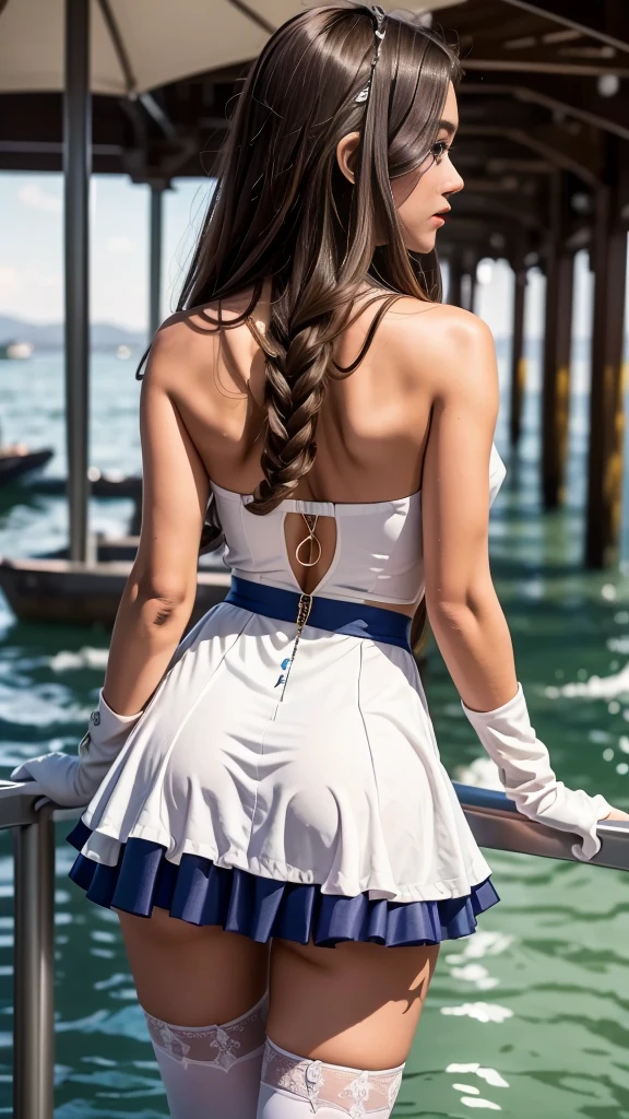 ((best quality)), ((masterpiece)), ((1girl)), solo, Ferry, ((long hair)), FerryBase, ((thighhighs)), bare shoulders, ((jewelry)), ((sleeveless)), white dress, blue skirt, ((gloves)), thigh-high, from behind.