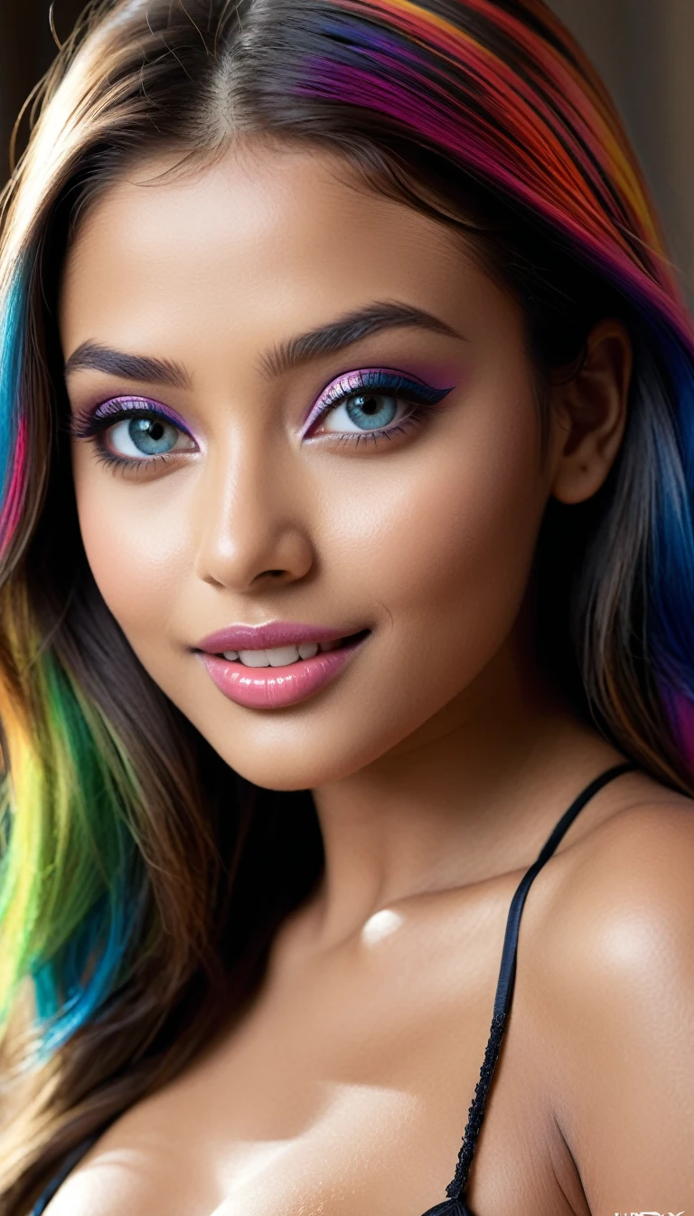 Aishlane raideau is a girl, (aishwarya rai: 0.5),(thylane blondeau:0.5),highly realistic uhd photo, meticulous details,8k, uhd , (full body shot with whole body in frame :1.5), 1girl, 18 years, long hairs, dark_skin, eyes, (wearing sexy colourful loungerie:1.5), ( posing seductively :1.5), highly detailed glossy_eyes,highly detailed realistic shiny_skin,skin_pores,looking at the camera, naughty smile and seductively biting her lower lips,highly  detailed lips, dslr,sharp focus