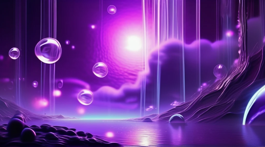 abstract painting symbolize transition from soft cozy feeling into bright explosive feeling, wallpaper, illustartion, poster, photographic, realistic, planet with alien buildungs of organic remains, neonlighting applications, weightlessness, Side light, reflection ghostly holograms Reflected light from the sun and several moons, Silver metal, brilliance, diffuse reflection, Metallic texture, magnificent, background: bioluminescent bubbles of different sizes, blurry dark purple background, steam, lightbeams, prismatic effects, steamy clouds, fog with particles, smoke, abstract, wallpaper, motion, animation, extraterrestrial, crystals, paranoia, dark atmosphere, horrific lighting, bones of aliens, slime, toxic lake