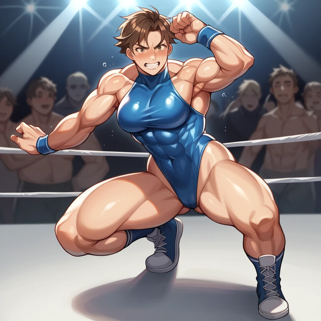 Masterpiece、Highest quality、Full Color、Photorealistic、とても分厚い筋肉女子wrestling、Dynamic Pose、leotard、Dazzling Light、wrestling、An enthusiastic crowd watches、Two very thick muscle girls in sheer latex wrestling outfits posing for a photo、very macho